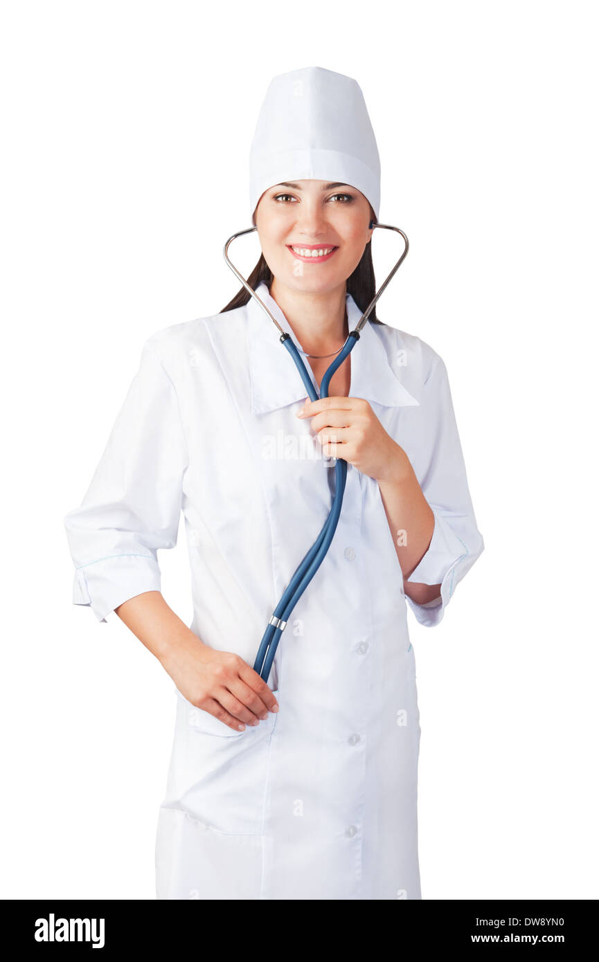 Donne medico con stetoscopio isolati su sfondo bianco Foto Stock