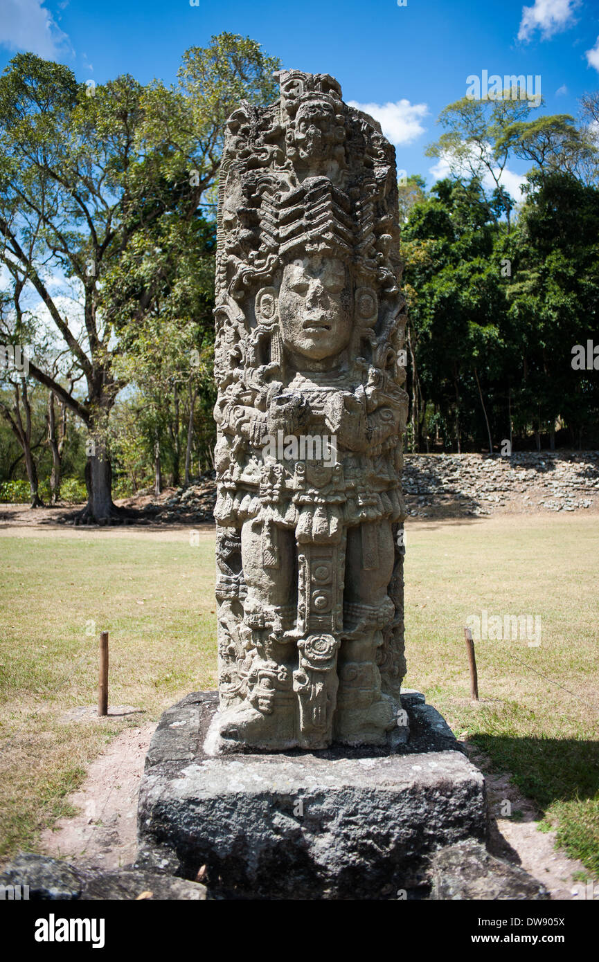 Una scultura a Ruinas de Copán in Honduras Foto Stock