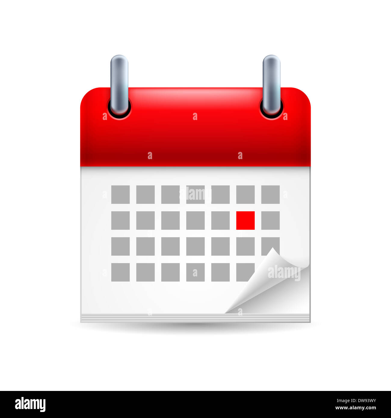 Icona calendario con rosso contrassegnato giorno sulla prima pagina con angolo piegato Foto Stock