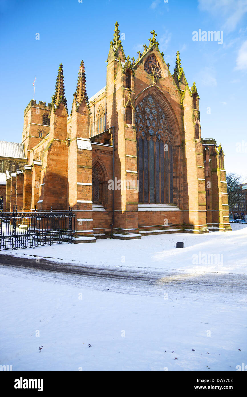 Cattedrale di Carlisle nella neve. Carlisle, Cumbria, England, Regno Unito, Gran Bretagna Foto Stock