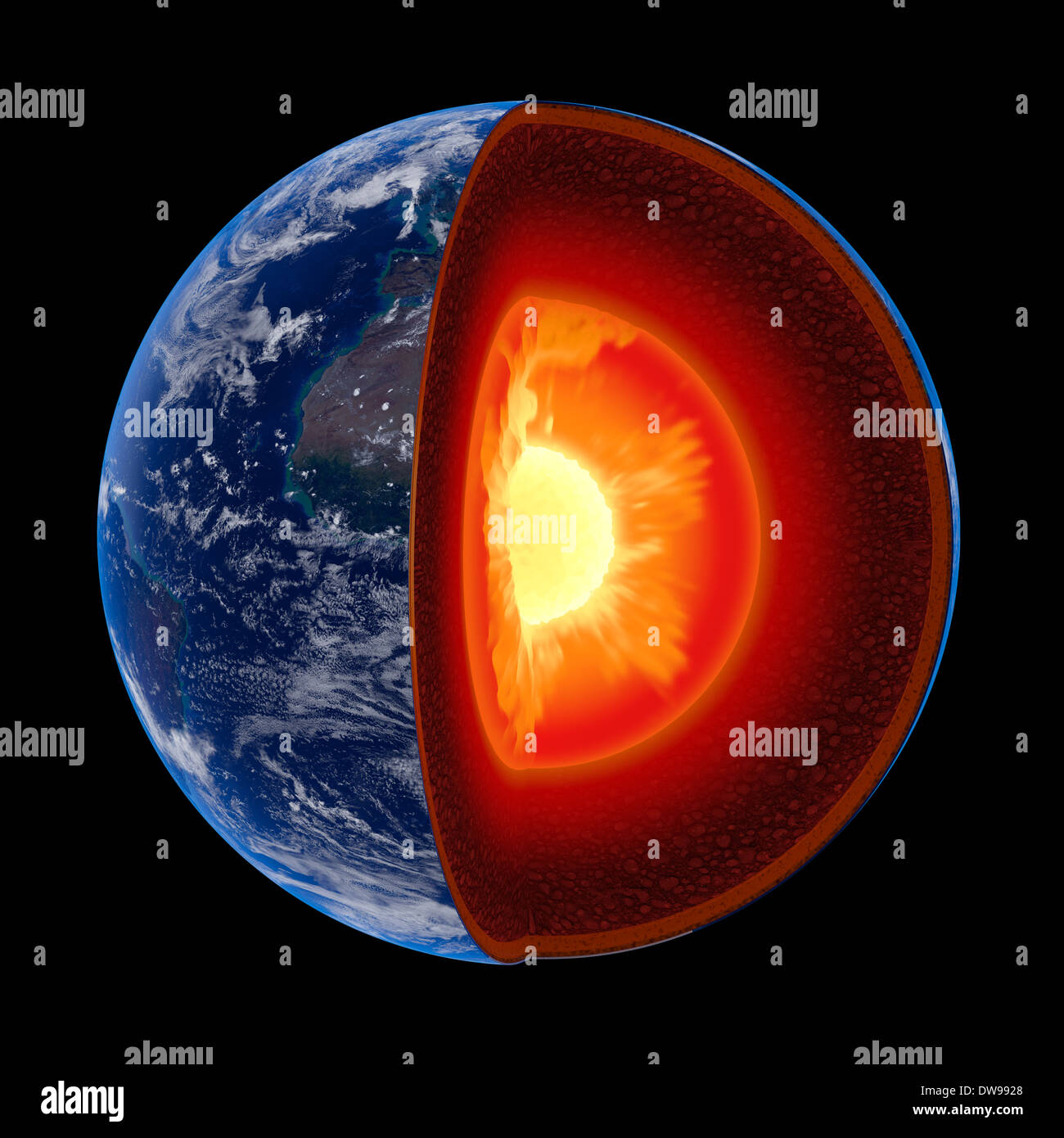 Nucleo di terra struttura illustrata con strati geologici secondo la scala - isolato sul nero (mappe di tessitura da NASA) Foto Stock