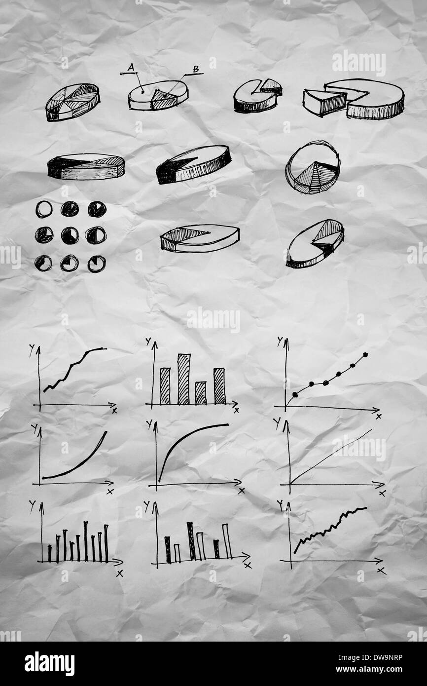 Schemi e diagrammi a torta e altri disegni infographics come elementi di design collection. Foto Stock