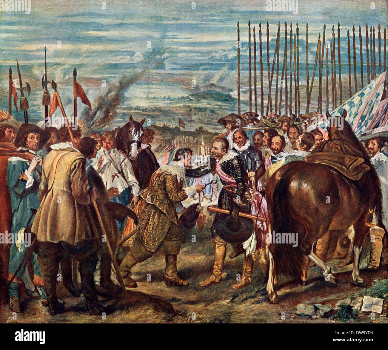 Giustino di Nassau arrendersi città olandese di Breda per lo spagnolo, 1625. Litografia a colori Foto Stock