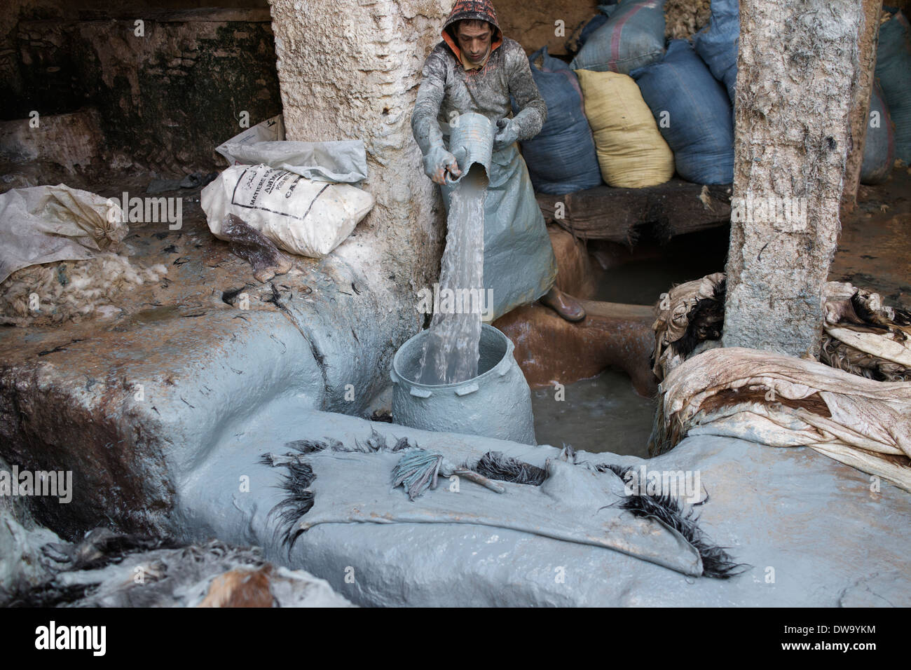 Il souq di cuoio a Fez, in Marocco. Foto Stock