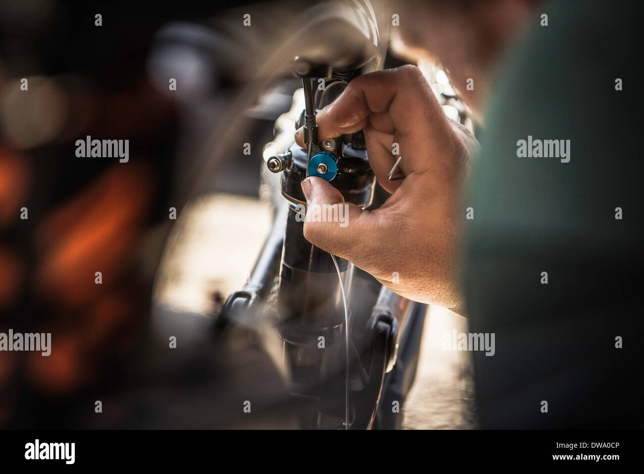 Chiusura del giovane maschio mountain biker riparazione bici Foto Stock