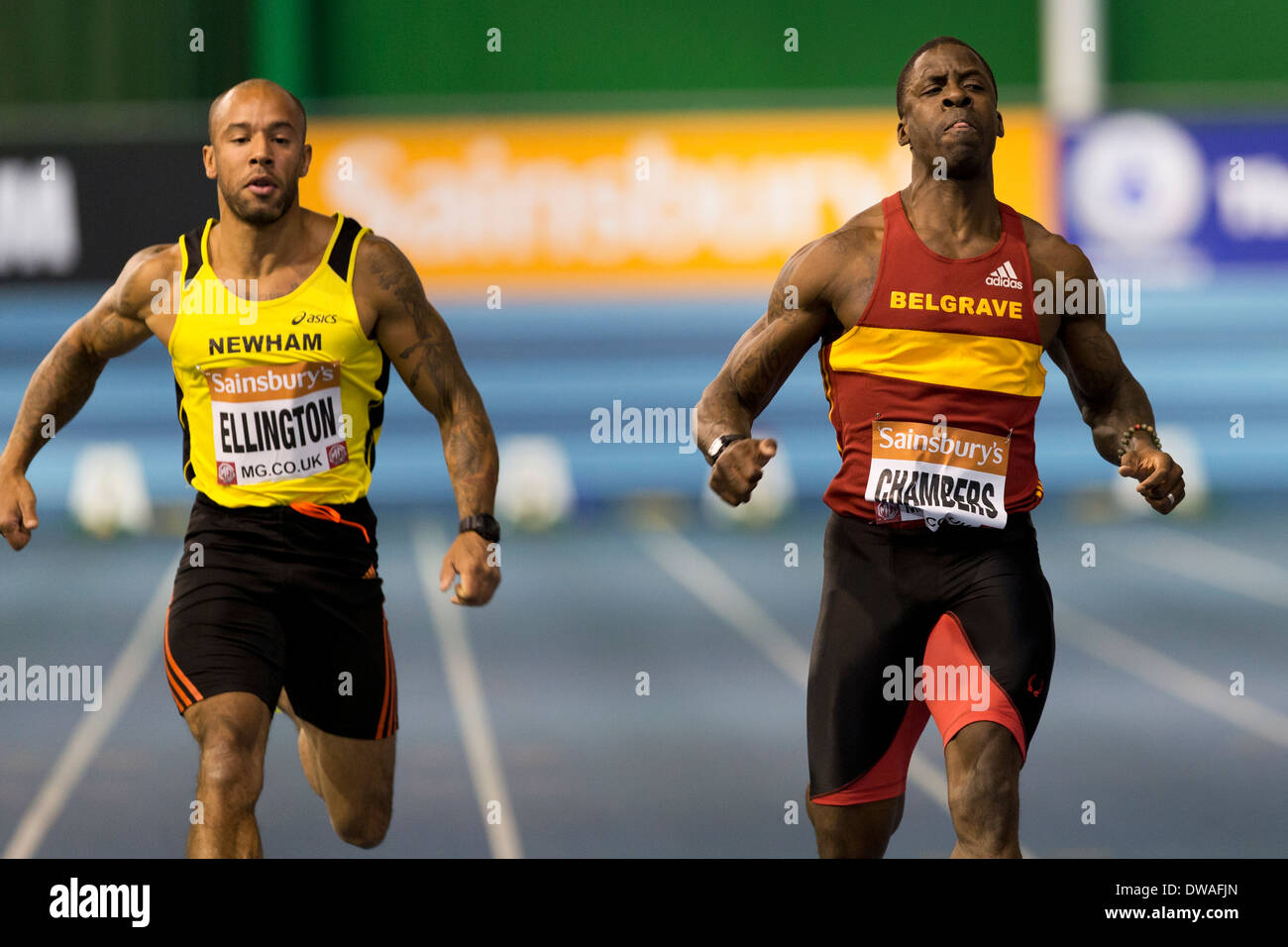 Dwain CHAMBERS & James ELLINGTON, 60m britannico di calore di Atletica Leggera Indoor campionati, Sheffield England Regno Unito. Foto Stock