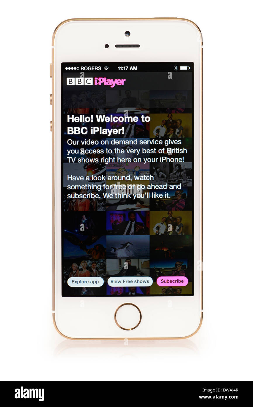 BBC iPlayer nella schermata di benvenuto, App in esecuzione su iPhone 5S, iPhone 5 S Foto Stock