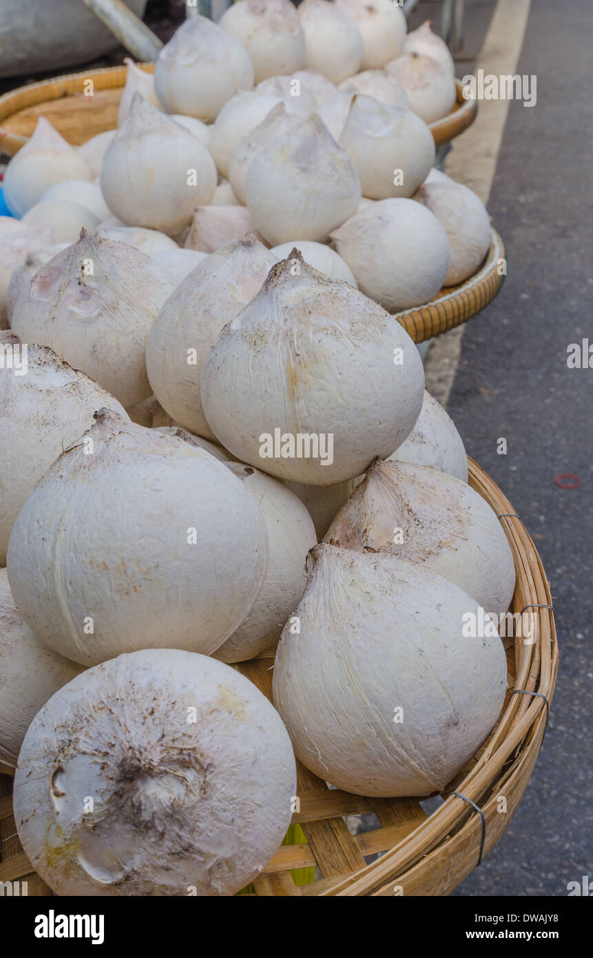 Sbucciate i giovani noci di cocco vendere al mercato dei prodotti freschi in Thailandia Foto Stock