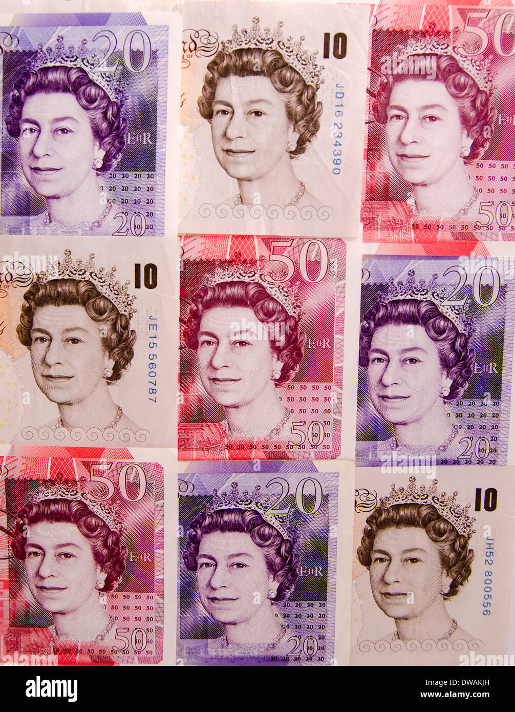 British dieci venti e cinquanta Pound note Foto Stock
