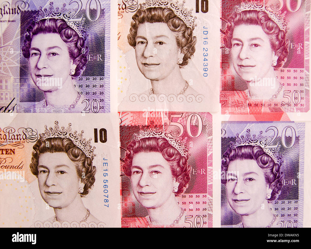British dieci venti e cinquanta Pound note Foto Stock