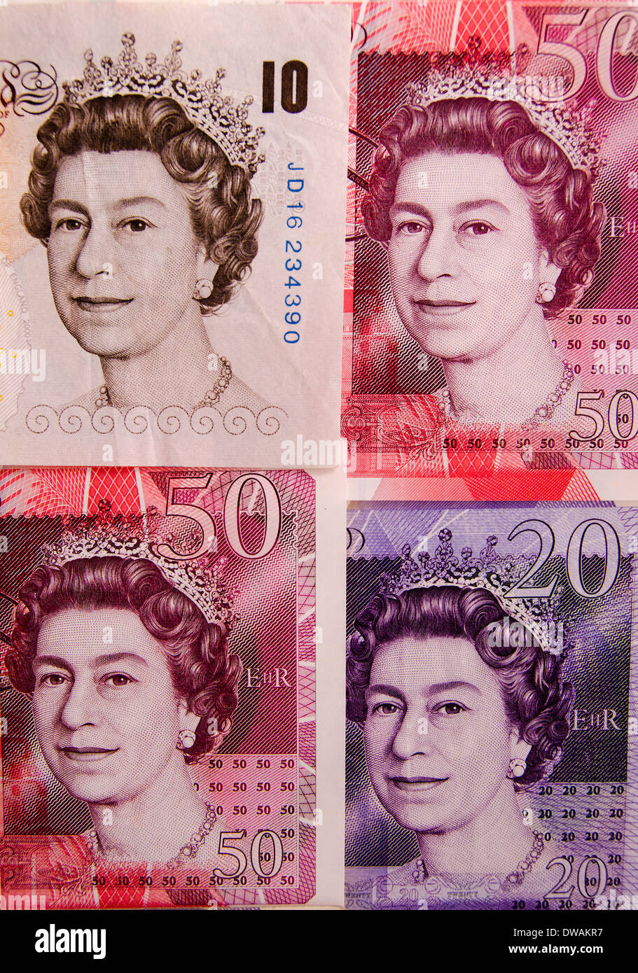 British dieci venti e cinquanta Pound note Foto Stock