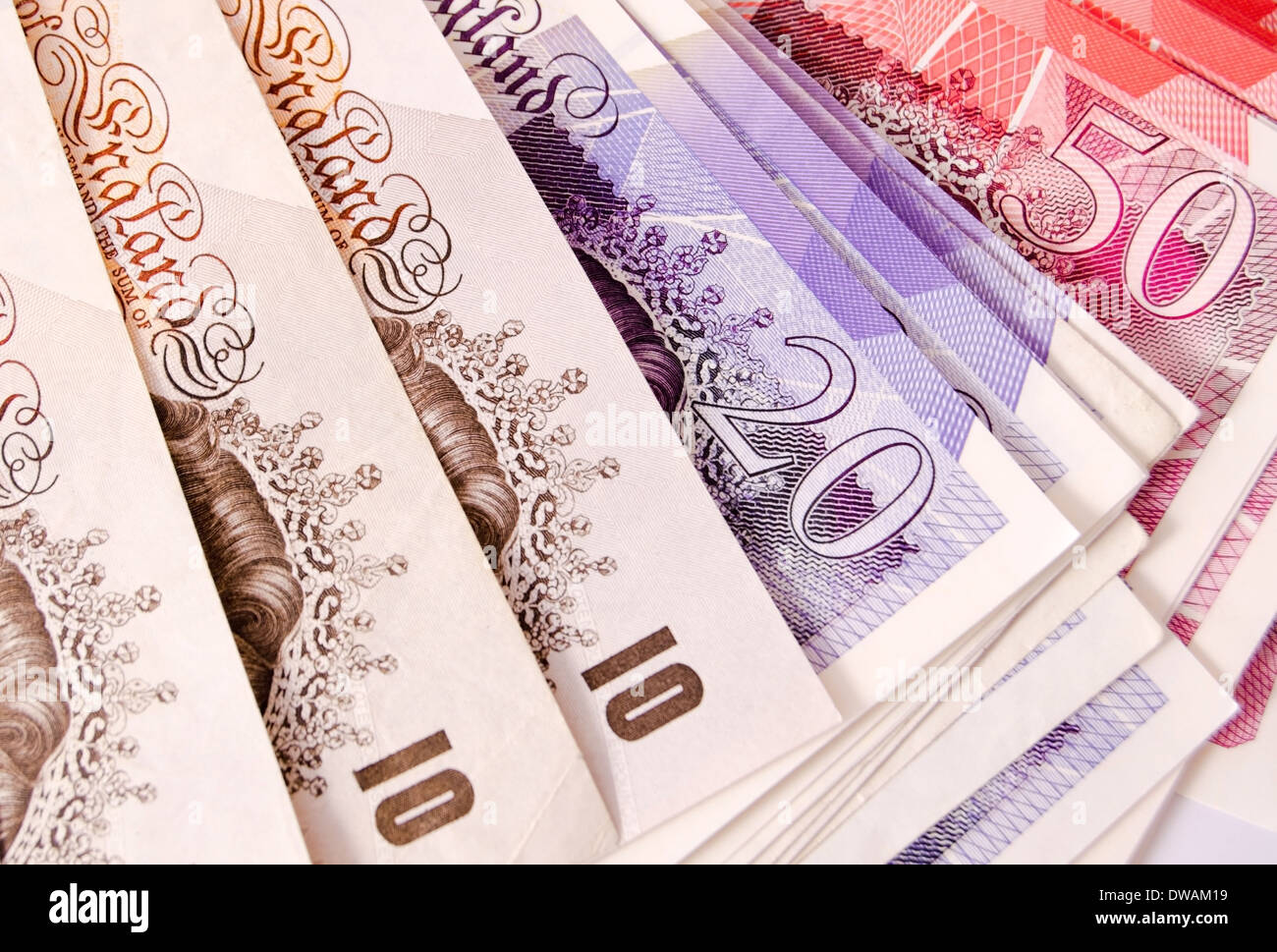 British dieci venti e cinquanta Pound note Foto Stock
