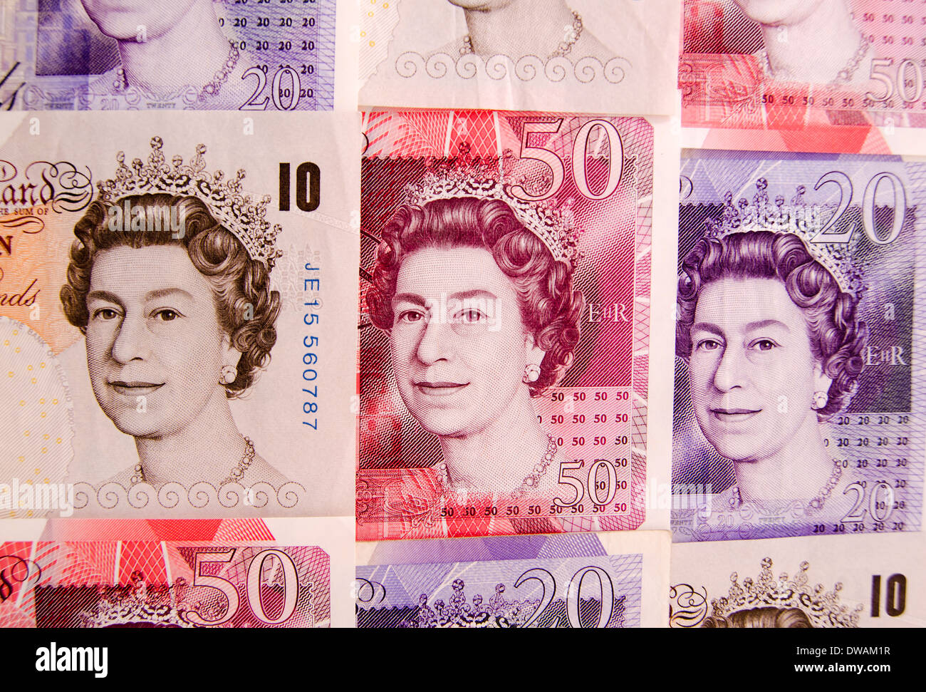 British dieci venti e cinquanta Pound note Foto Stock