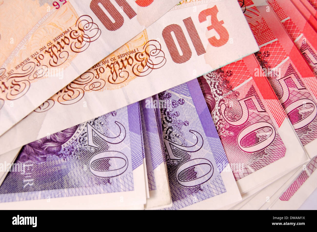 British dieci venti e cinquanta Pound note Foto Stock