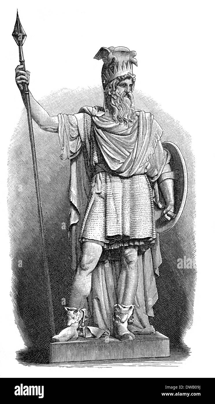 Illustrazione storica del XIX secolo, Statua di Odin, il Allfather degli dèi in germanico e la mitologia di norvegesi Foto Stock