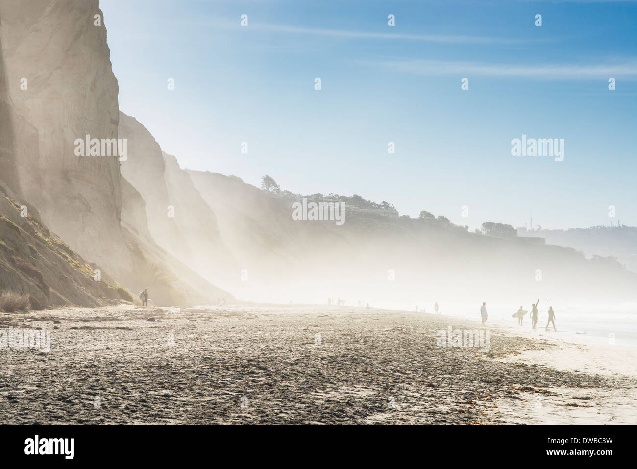 Vista in lontananza surfisti sulla spiaggia misty, spiaggia nera, La Jolla, California, Stati Uniti d'America Foto Stock