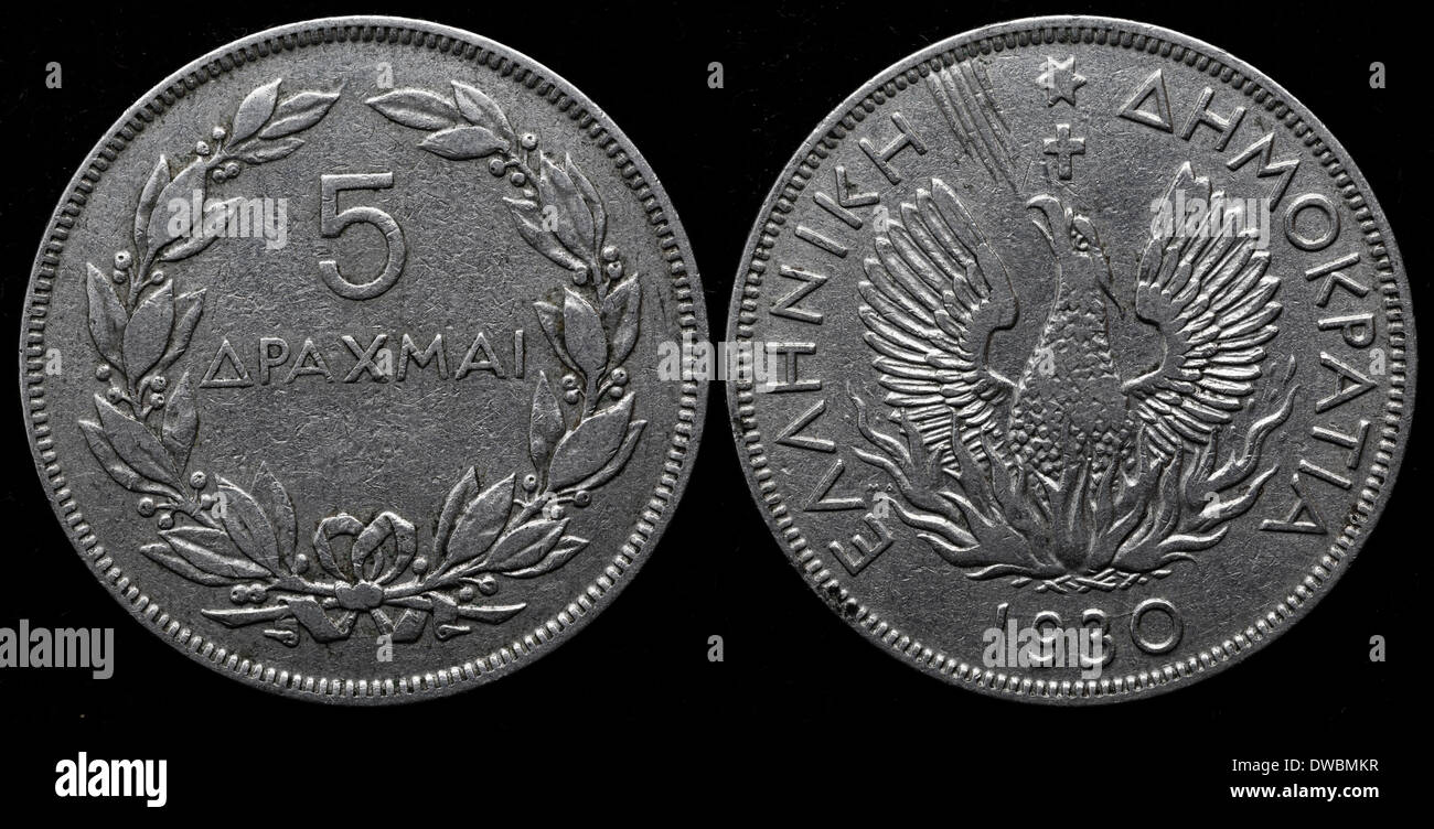 5 Drachmai coin, Grecia, 1930 Foto Stock