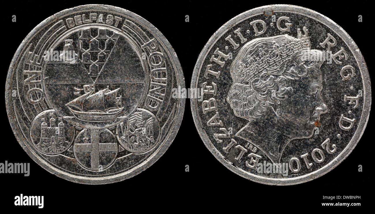 1 libbra di moneta, Belfast, la Regina Elisabetta II, UK, 2010 Foto Stock