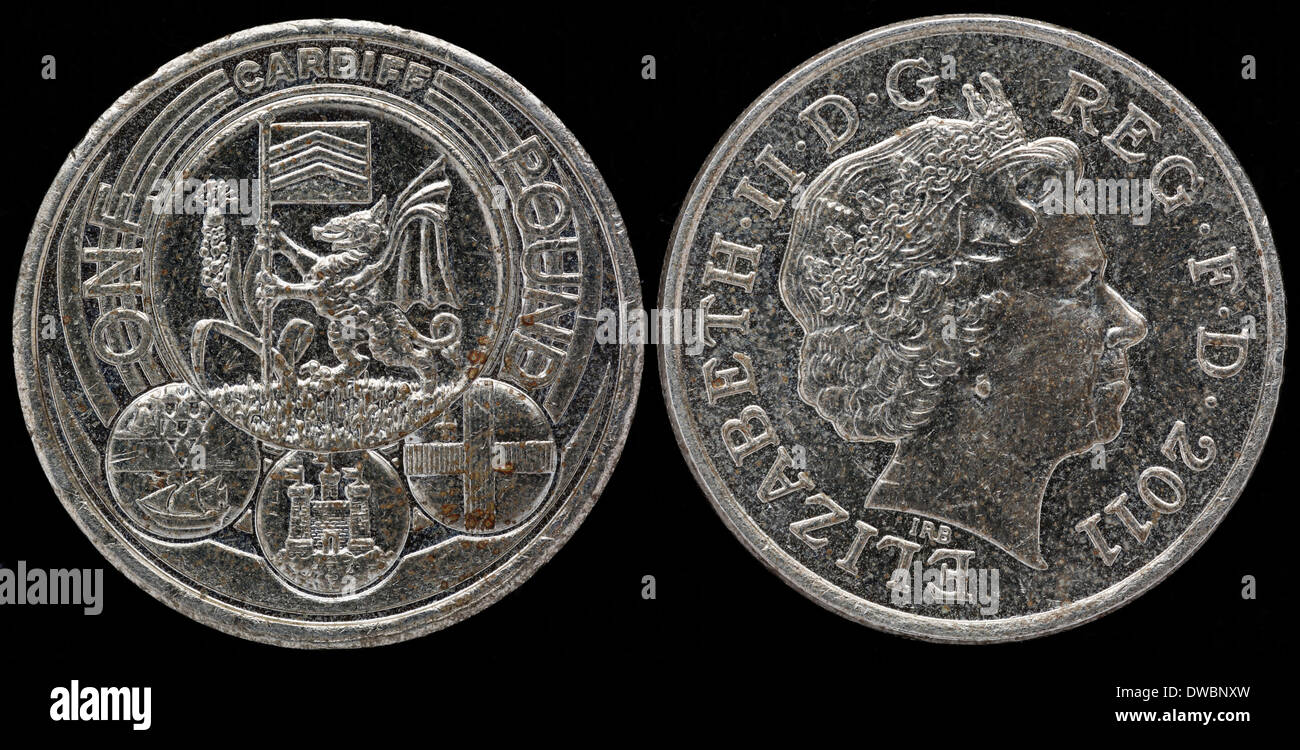 1 libbra di moneta, Cardiff, la Regina Elisabetta II, UK, 2011 Foto Stock