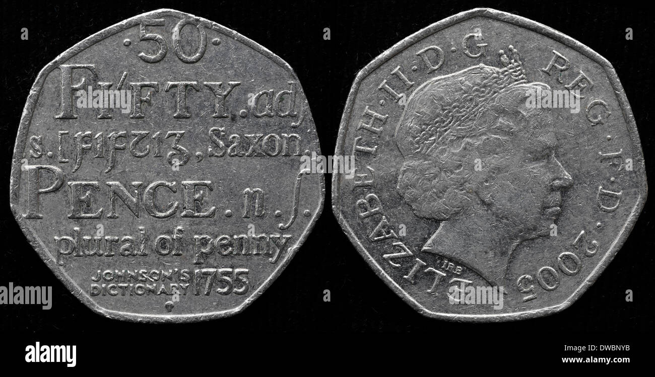 50 pence coin, Samuel Johnson il dizionario della lingua inglese, UK, 2005 Foto Stock