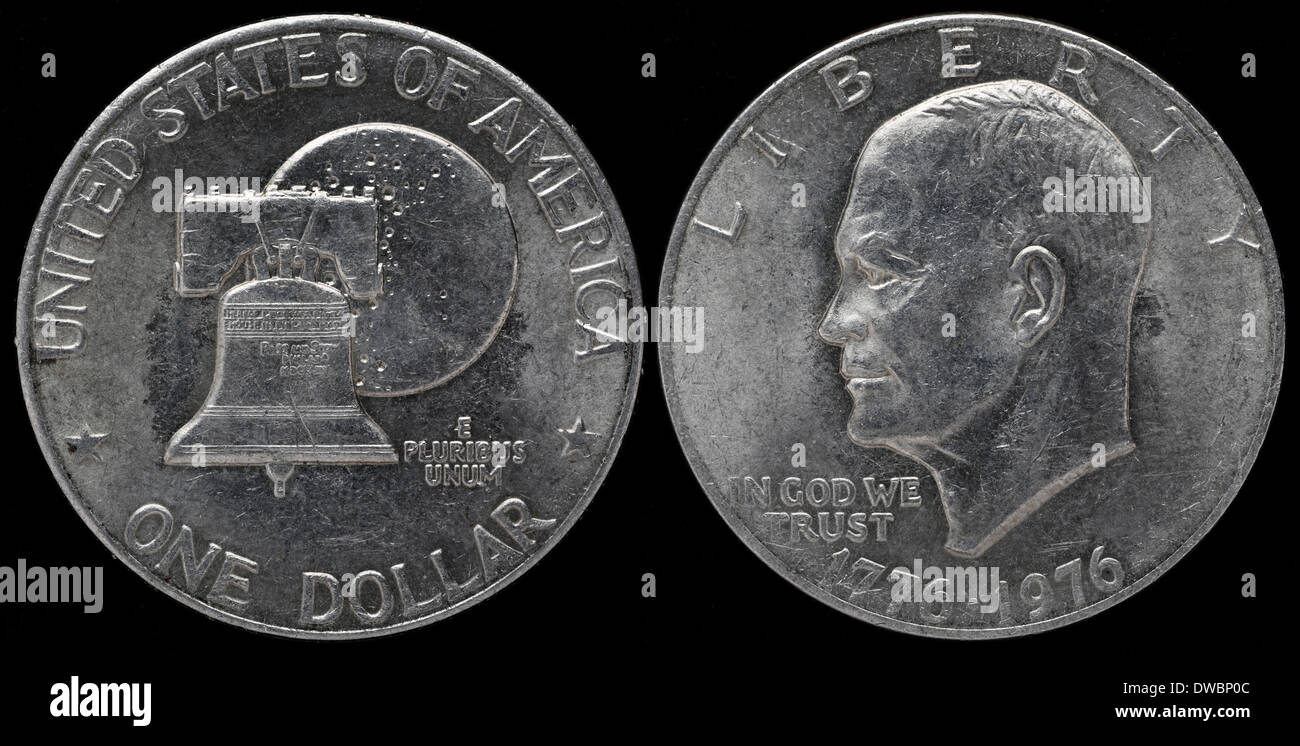 1 Dollar coin, Eisenhower Dollar, Luna dietro Liberty Bell, USA, 1976 Foto Stock