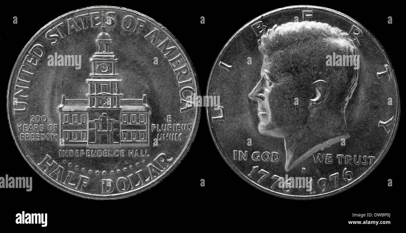 Kennedy metà Dollar coin, Independence Hall, USA, 1976 Foto Stock