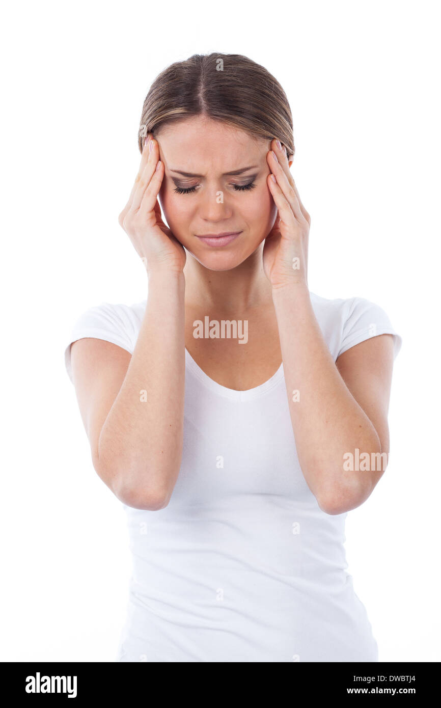 Ritratto di donna con mal di testa, isolato su bianco Foto Stock