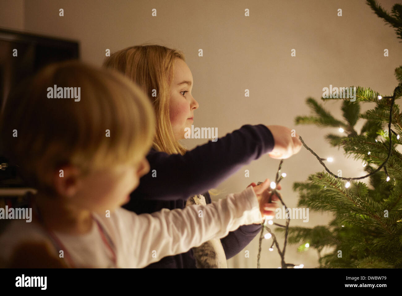 Giovane fratello e sorella di mettere le luci di Natale Foto Stock