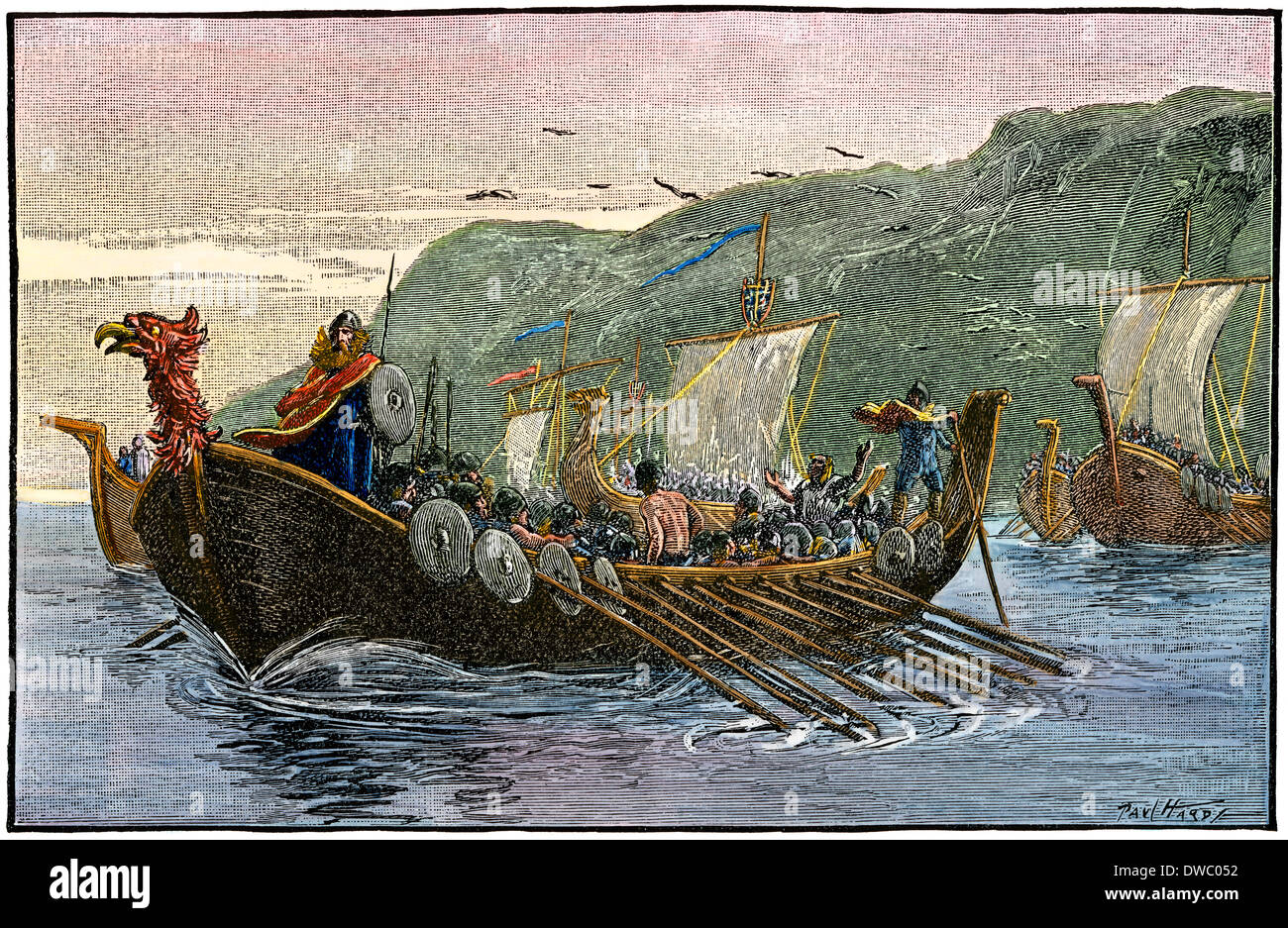 Norsemen vela lungo la costa del Nord America. Colorate a mano la xilografia Foto Stock