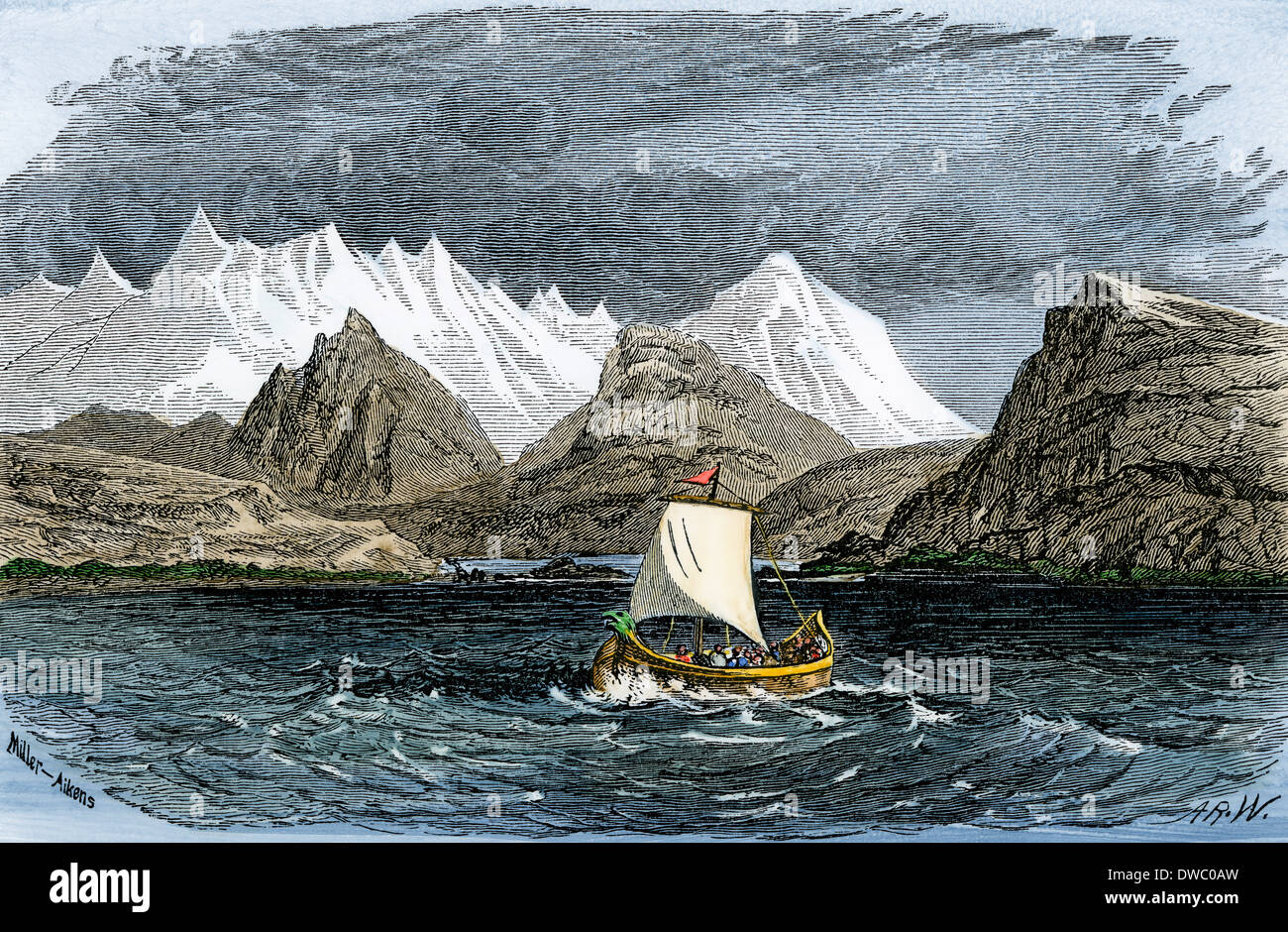Erik il Rosso portando Norse coloni alla Groenlandia, circa nel 982 d.c. Colorate a mano la xilografia Foto Stock