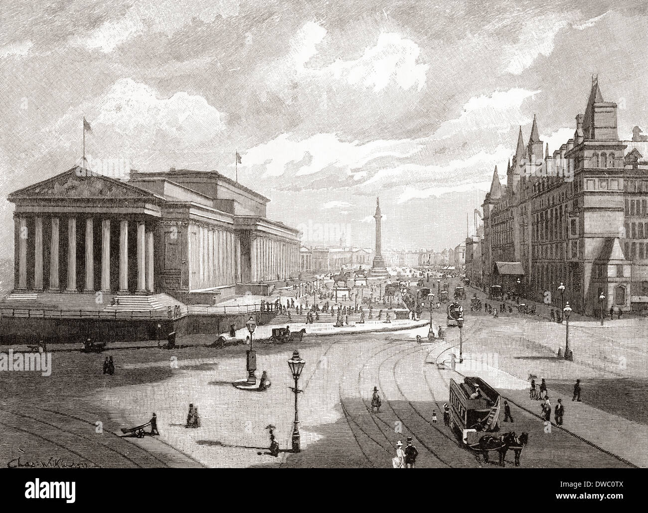 St. George's Hall e Lime Street, Liverpool, Lancashire, Inghilterra nel XIX secolo Foto Stock