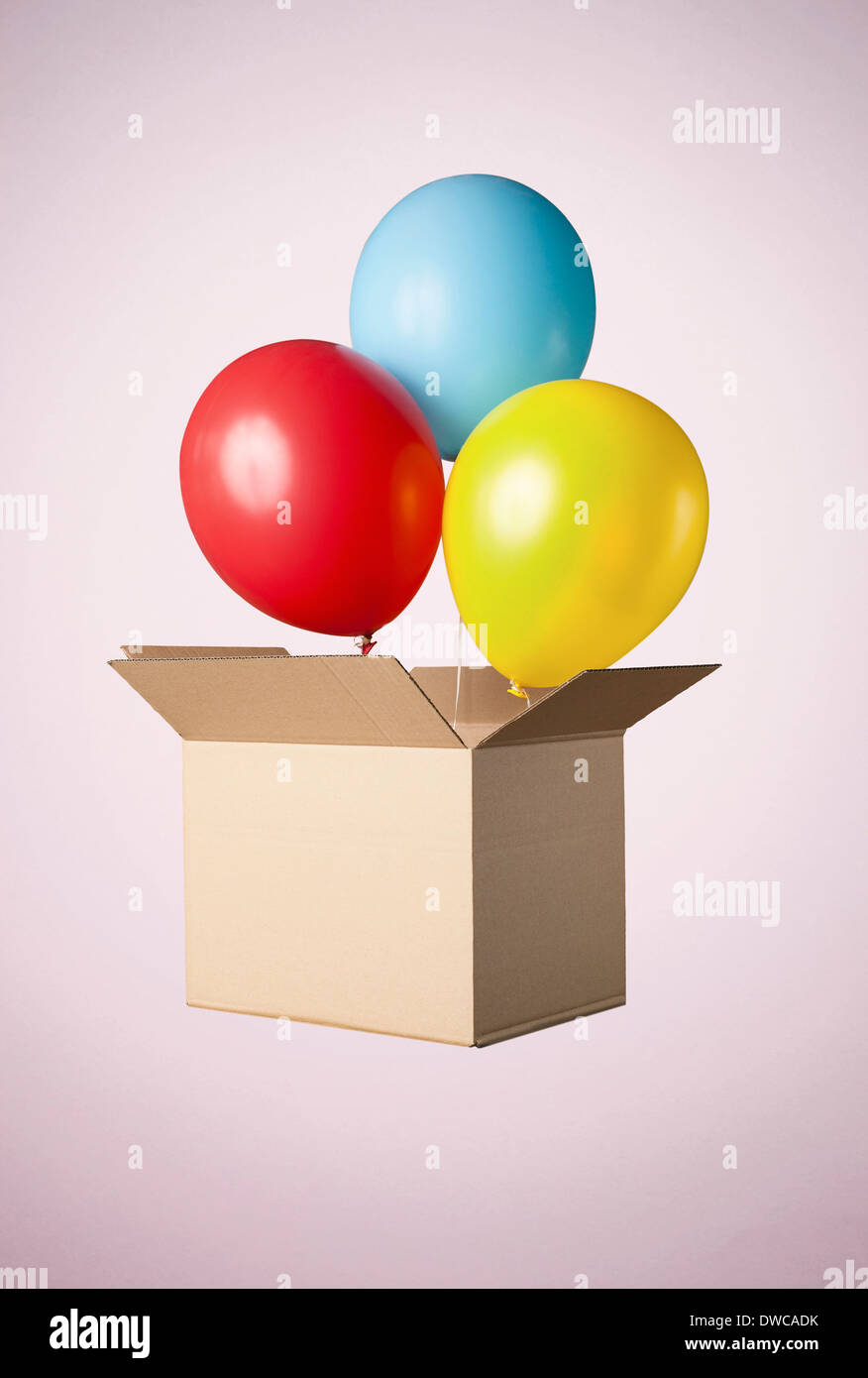 Studio shot di scatola di cartone con palloncini in uscita Foto Stock