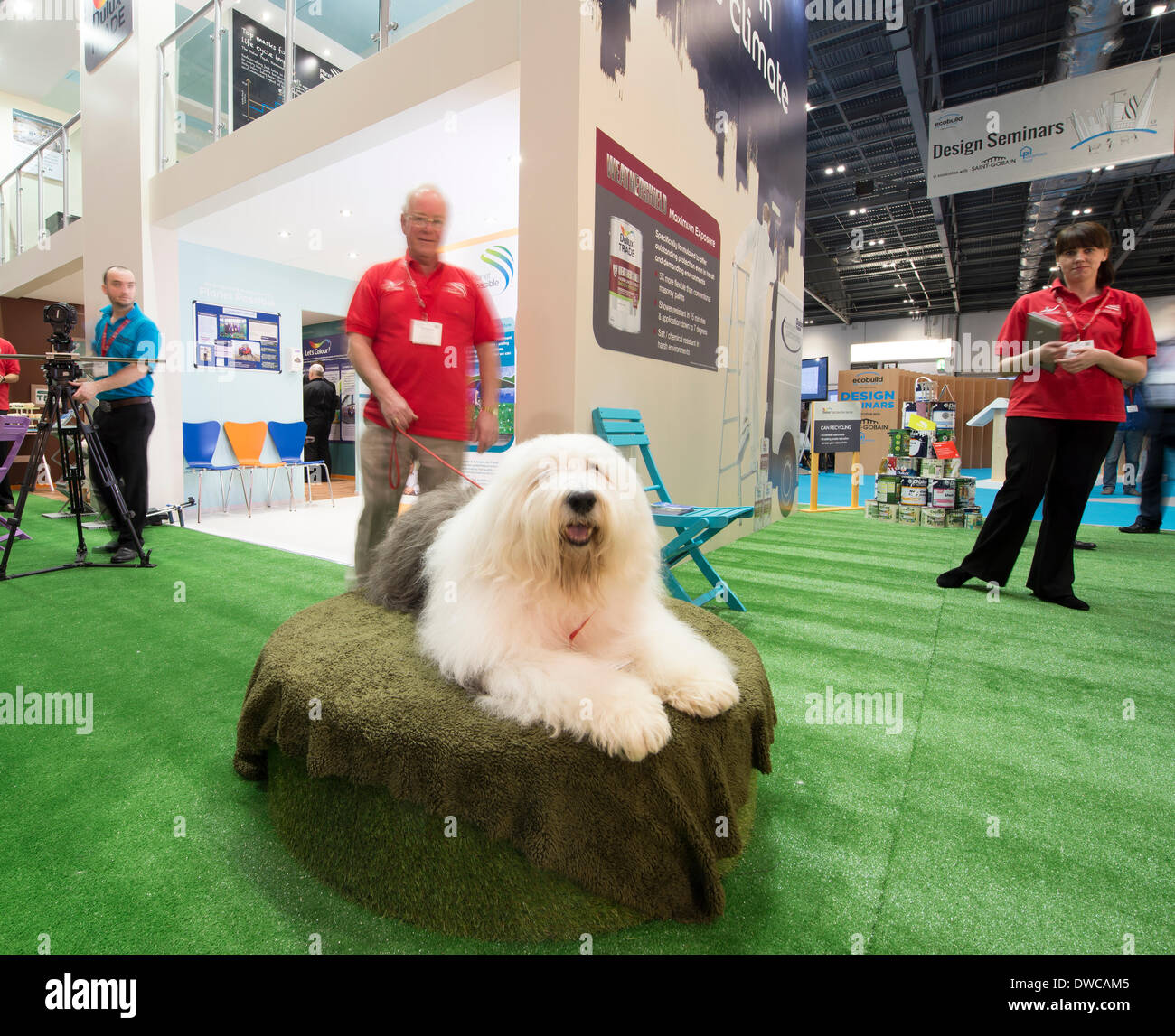 ExCel, London, Regno Unito. Il 5 marzo 2014. Ecobuild, IL REGNO UNITO il più grande ambiente costruito evento con design sostenibile dei prodotti, ecobuild arenas, nuovi materiali, energia verde e l'energia solare. Ecobuild è la più grande vetrina di edilizia sostenibile prodotti ovunque. Il 2014 vede l'introduzione di una seconda Ecobuild Arena, portando più grandi nomi e dibattiti per l'evento. La popolarissima Dulux cane. Credito: Malcolm Park editoriale/Alamy Live News Foto Stock