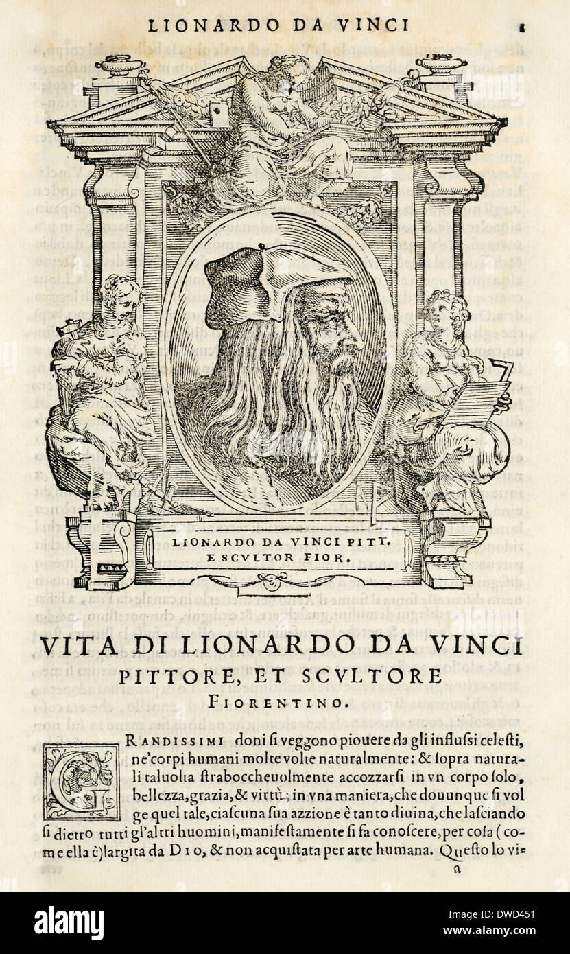 Xilografia ritratto di Leonardo da Vinci da Le vite de' piv eccellenti pittori, scvltori, et architettori 1568 da Giorgio Vasari Foto Stock