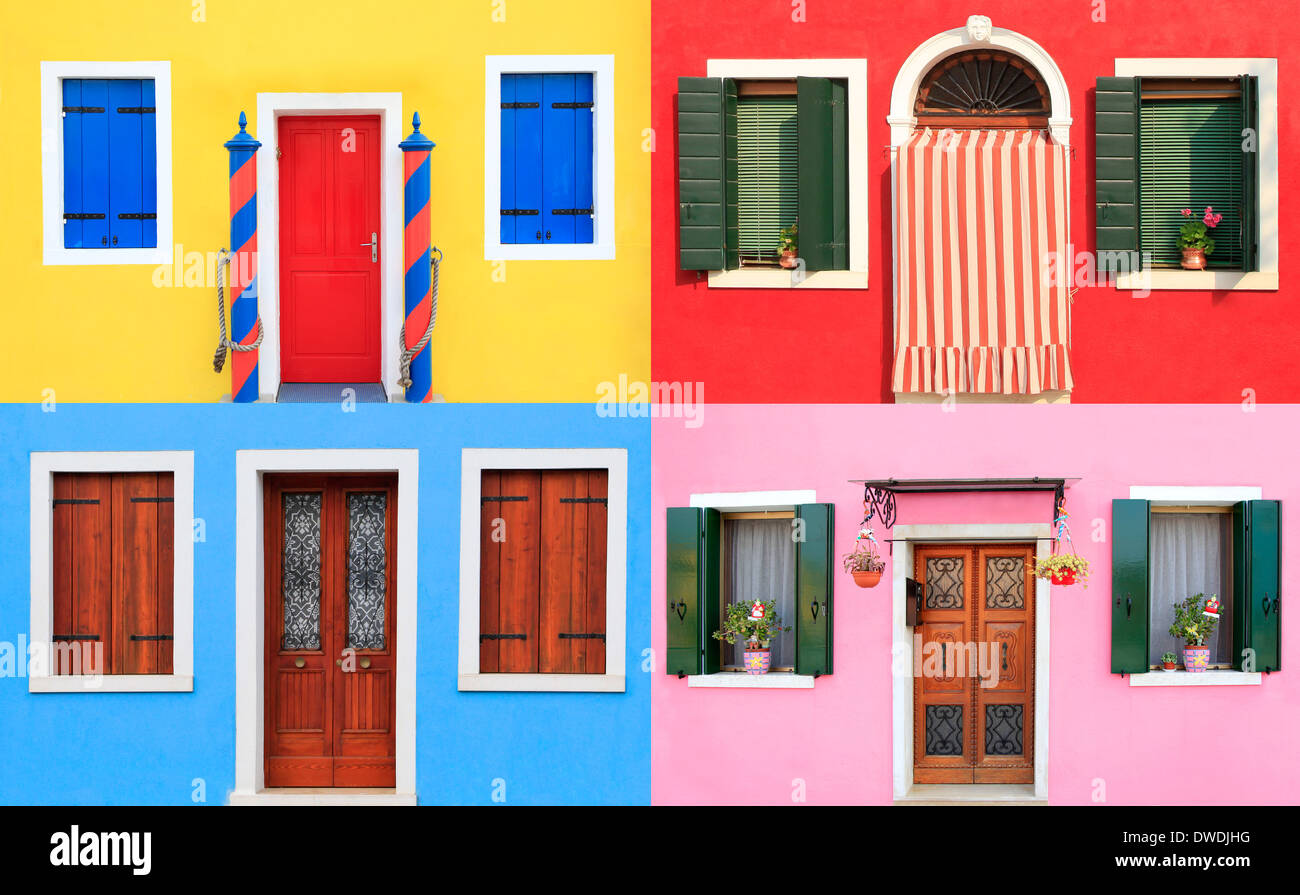 Colorate le finestre e le porte a Burano, vicino a Venezia, Italia Foto Stock