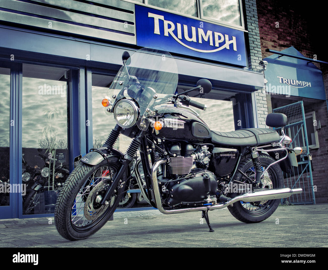 Triumph Bonneville T100 Nera 2014 al di fuori del trionfo concessionaria nel West London REGNO UNITO Foto Stock
