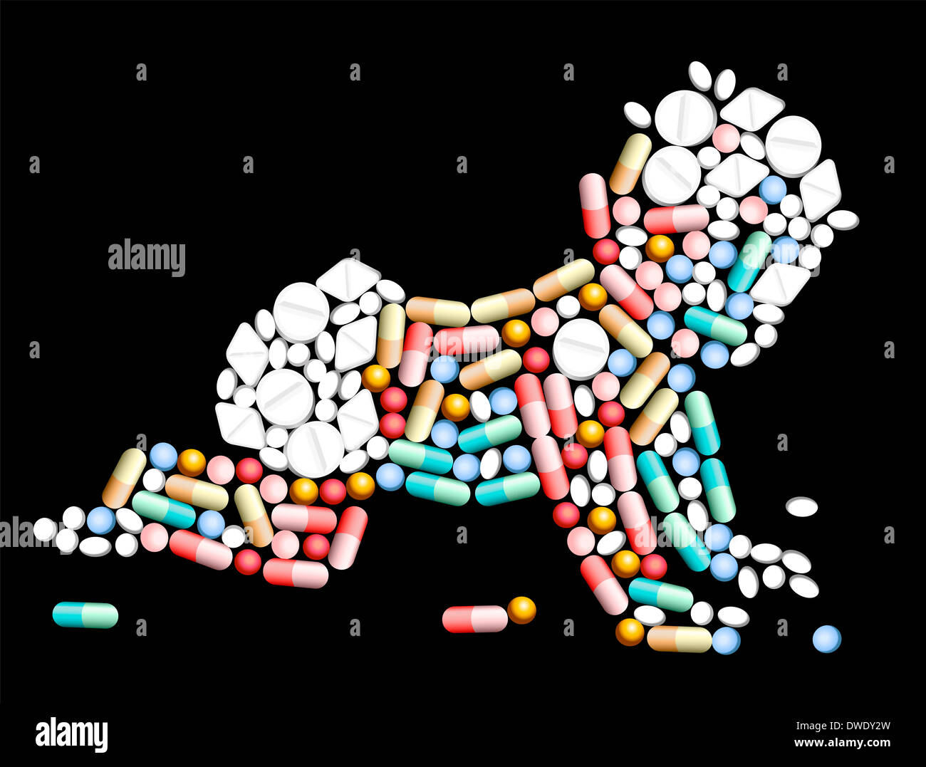 Compresse, pillole e capsule, che forma la silhouette di un bambino. Foto Stock