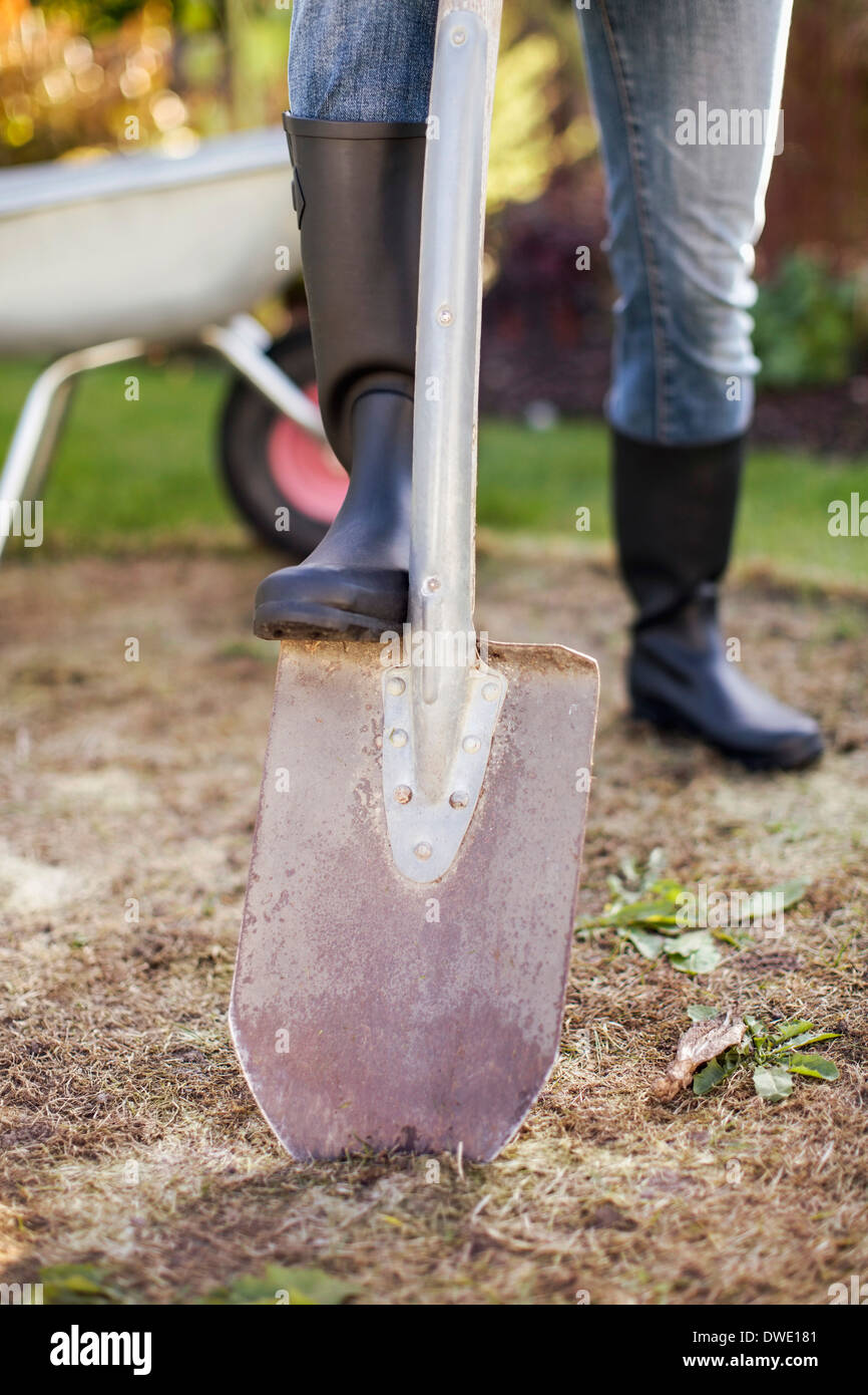 Sezione bassa di donna con piede sulla pala in giardino Foto Stock