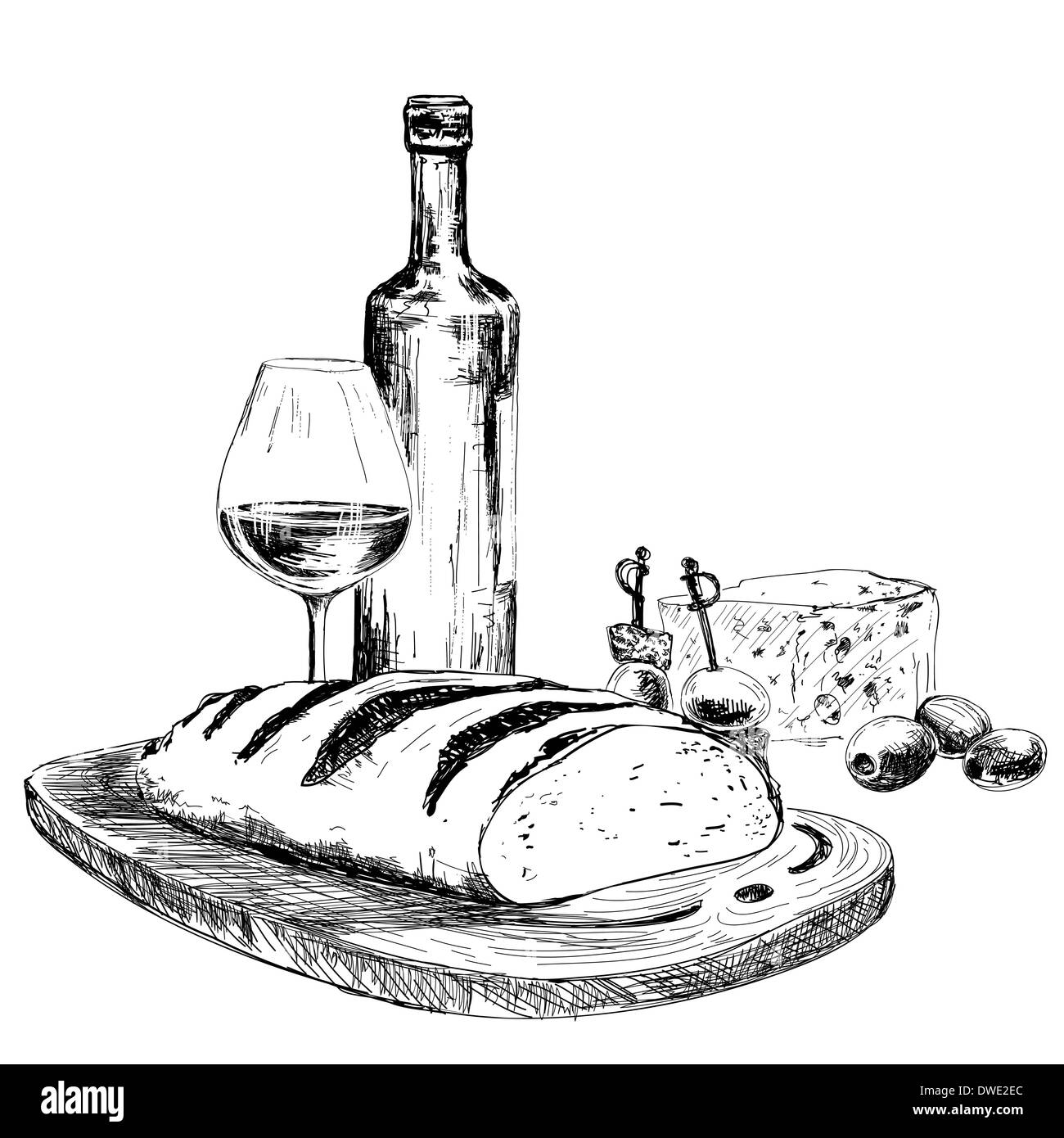 Vino, pane e formaggio blu. Disegnata a mano illustrazione Foto Stock