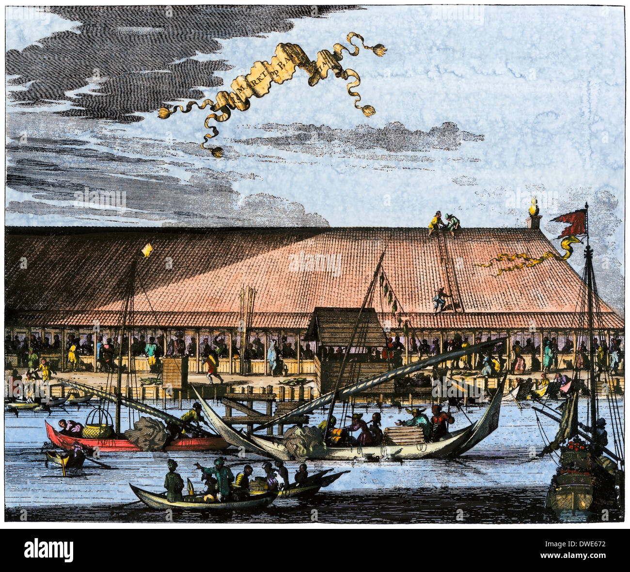 Mercato di Batavia (oggi Giacarta) nel 1600s, quando Java era una colonia olandese. Colorate a mano la stampa Foto Stock