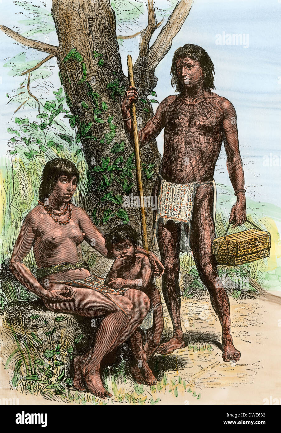 Nativi delle Bahamas come descritto dai primi esploratori del Nuovo Mondo. Colorate a mano la xilografia Foto Stock