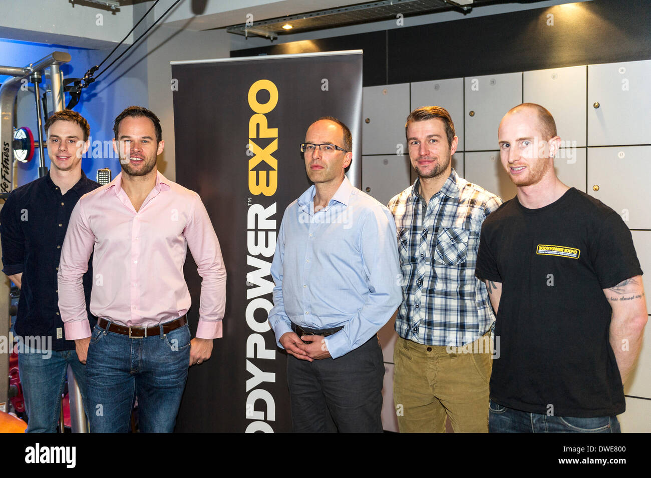 Londra, Regno Unito. Giovedì 6 marzo. 2014: il Team BodyPoer. (L-R) Ashley Adams (Marketing Manager) Steve Orton (Direttore Vendite) Nick Orton (CEO) Ollie Upton (regista e co-fondatore) Josh reeves (Marketing) Fotografo; Gordon Scammell/Alamy Live News. Foto Stock