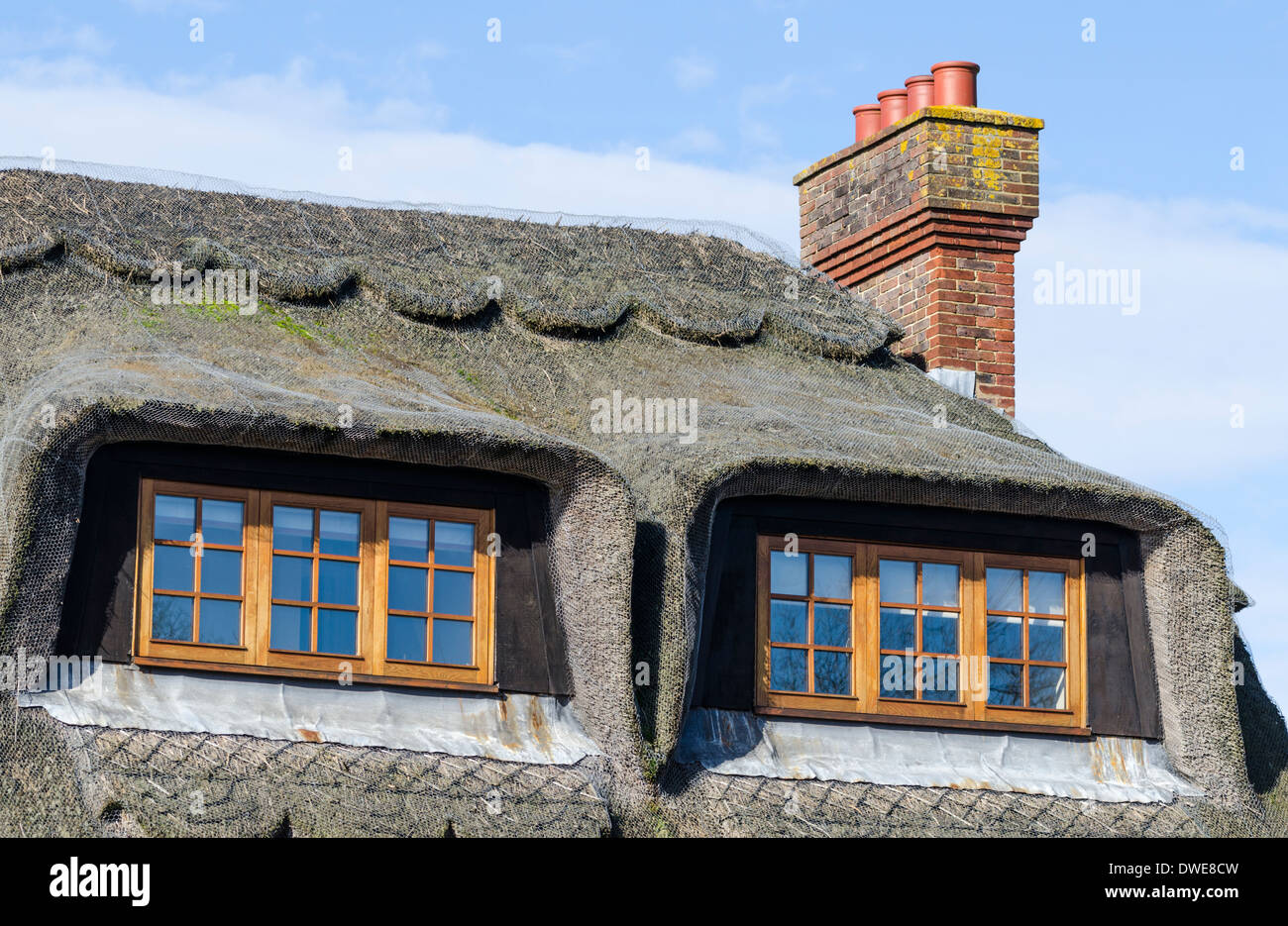 Il tetto di una casa con festone tetto di paglia e le finestre dormer contro un cielo blu, nel Regno Unito. Foto Stock