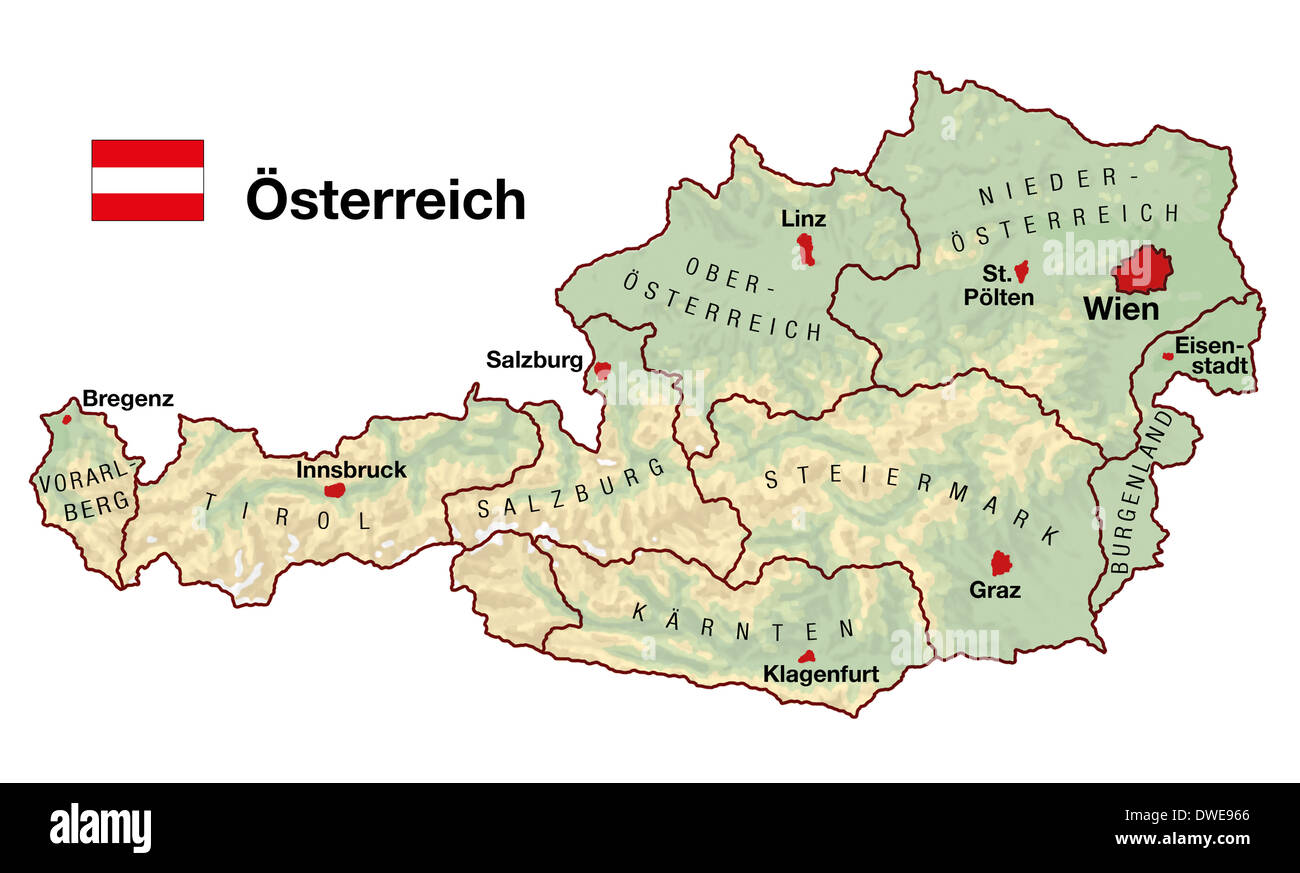 Mappa topografica dell'Austria in Europa con le città, stati federali, confini e bandiera. Etichettatura in tedesco! Foto Stock
