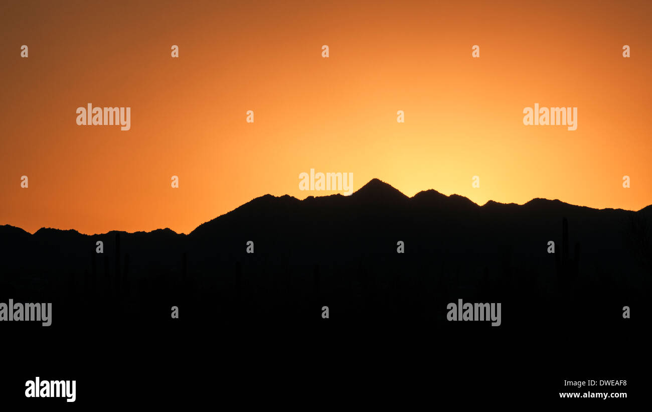 Silhouette di un deserto montagna skyline al tramonto. Foto Stock