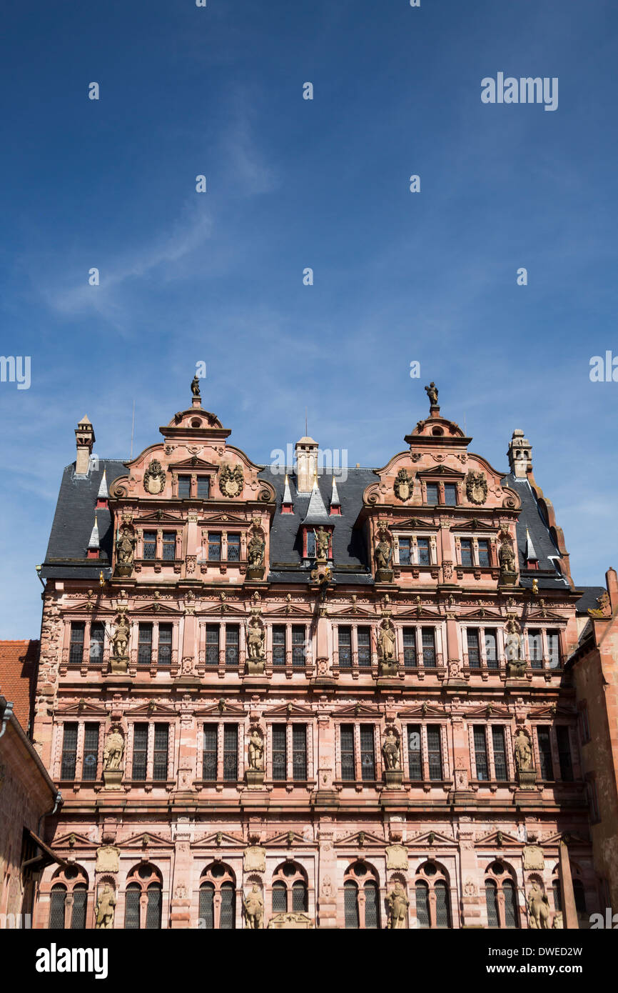 La facciata rinascimentale del castello di Heidelberg in Renania Germania Foto Stock