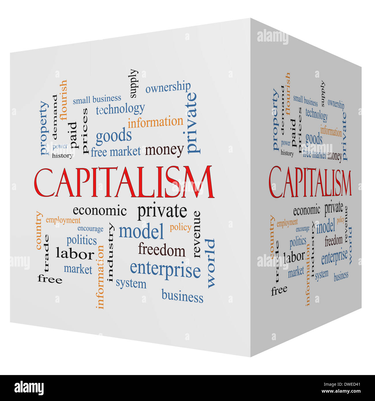 Il capitalismo cubo 3D parola concetto Cloud con grande come i termini economici, privato, gratuito e molto di più. Foto Stock