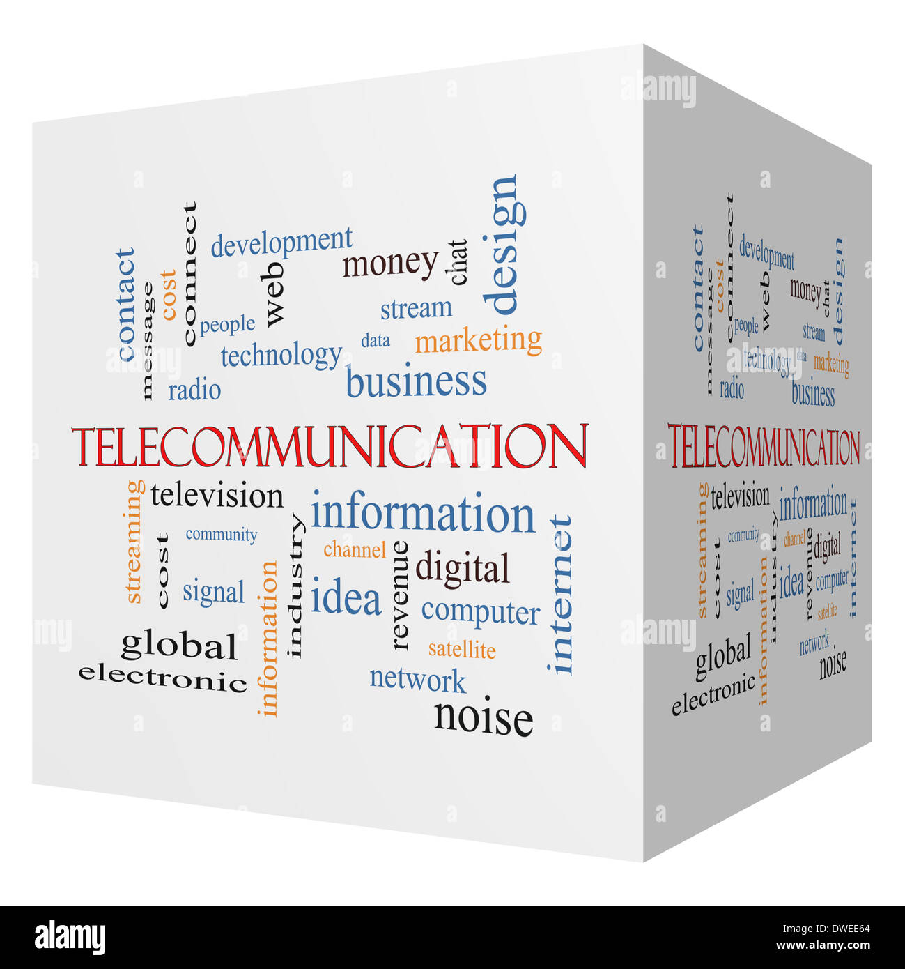 Telecommunication cubo 3D parola concetto Cloud con grande termini quali stream, rete via satellite e più. Foto Stock