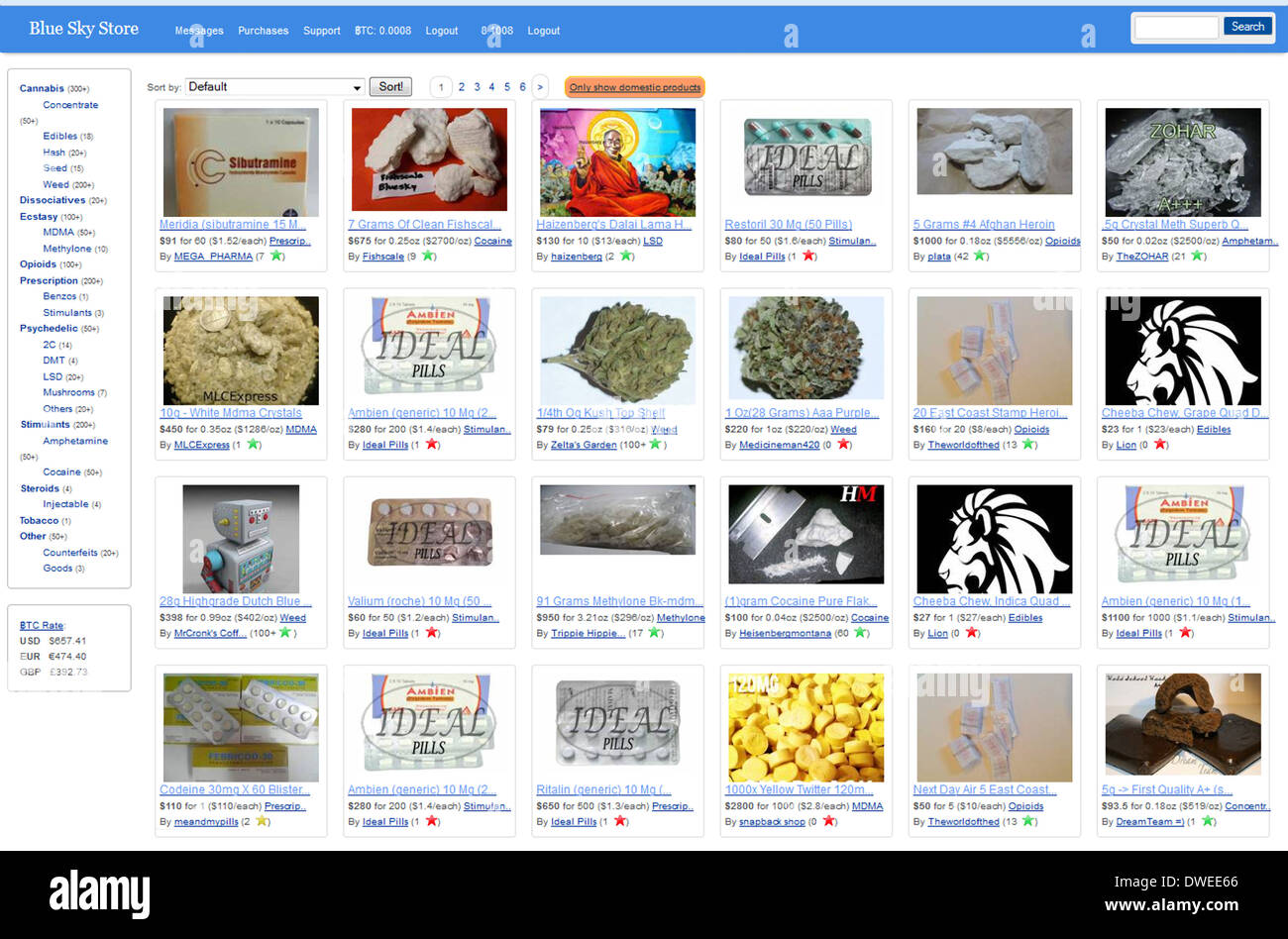 Blue Sky Store online marketplace per traffico illecito di merci (farmaci, contraffazioni) accessibili sulla darknet (rete Tor). Questo sito è stato sequestrato dal FBI e Europol durante il funzionamento Onymous il 6 novembre 2014. Foto Stock