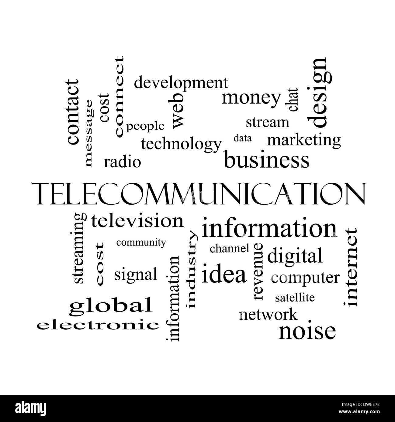 Parola di telecomunicazione concetto di cloud in bianco e nero con grande termini quali stream, rete via satellite e più. Foto Stock